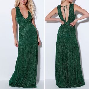 NWT LULUS Falling Star Teal Green Metallic Sleeveless Maxi Dress XS